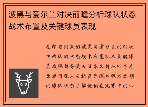 波黑与爱尔兰对决前瞻分析球队状态战术布置及关键球员表现